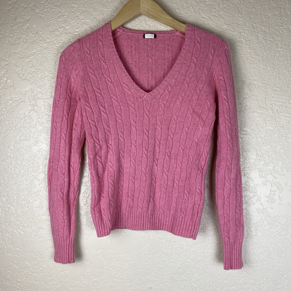 Vtg J. Crew S Fisherman Pink Sweater Pullover Cable Knit Cashmere Angora Blend